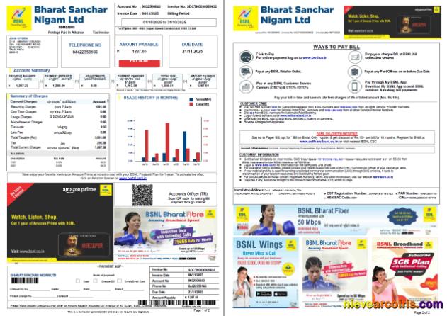 India Bharat Sanchar Nigam utility bill, 2 pages